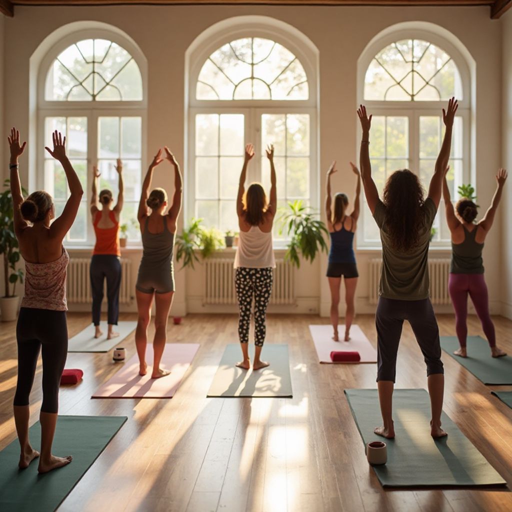 Group yoga class with students in various poses