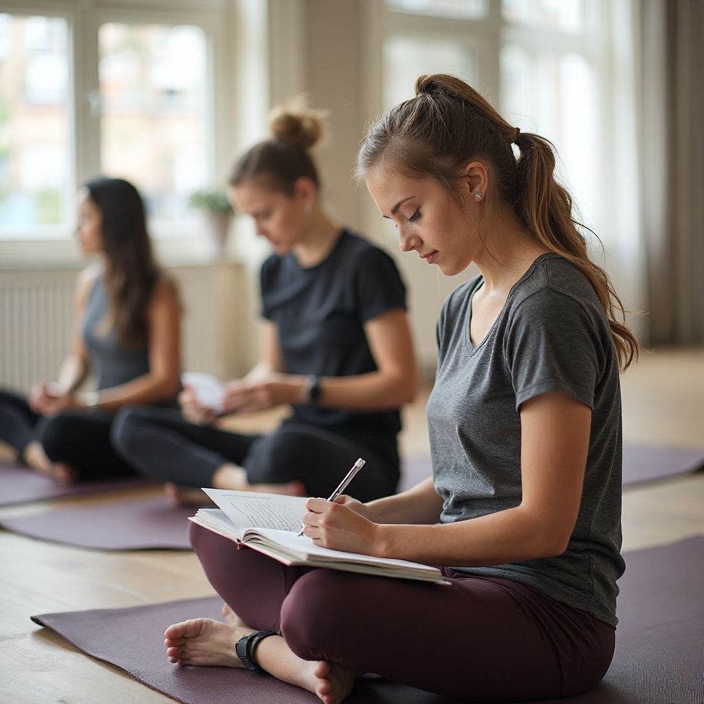 Yoga teacher training session with students taking notes